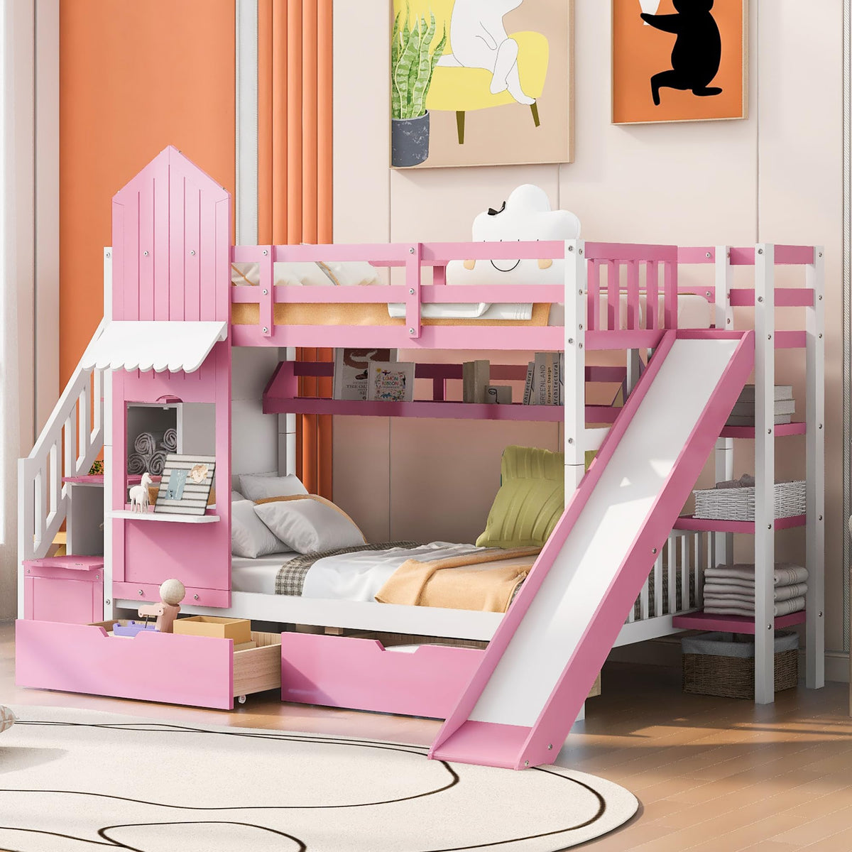 Twin Over Twin Bunk Bed with Slide, 2 Drawers & 3 Shelves E56960