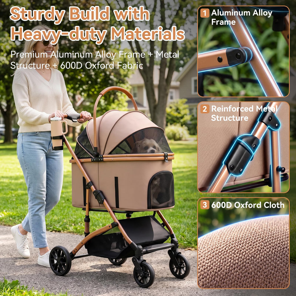 Khaki 3-in-1 Pet Stroller with Detachable Carrier X721