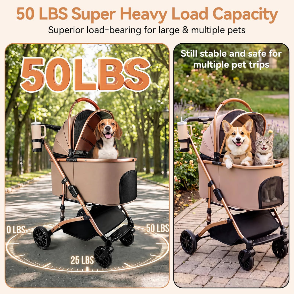 Khaki 3-in-1 Pet Stroller with Detachable Carrier X721
