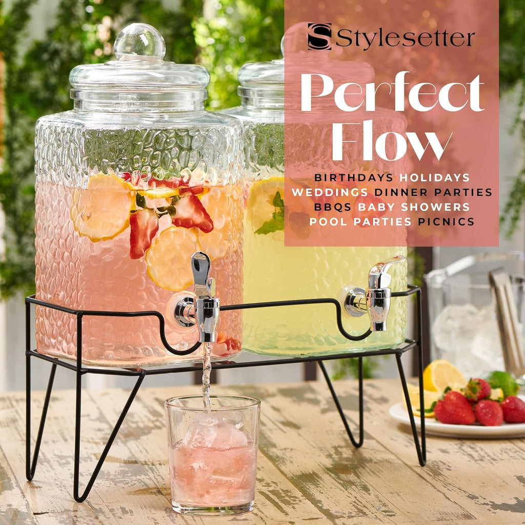 Glass Beverage Dispenser with Metal Stand Set of 2 G1547