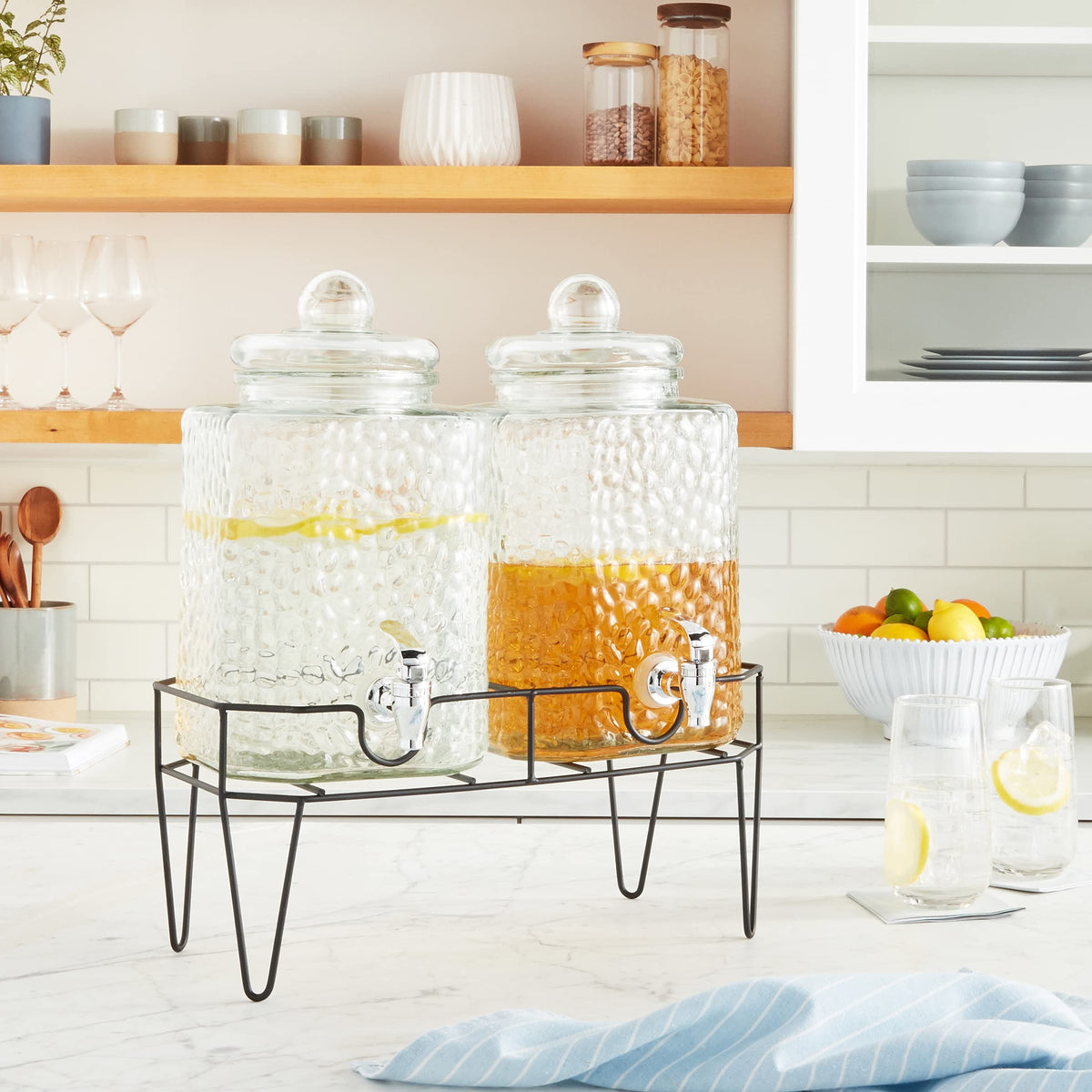 Glass Beverage Dispenser with Metal Stand Set of 2 G1547