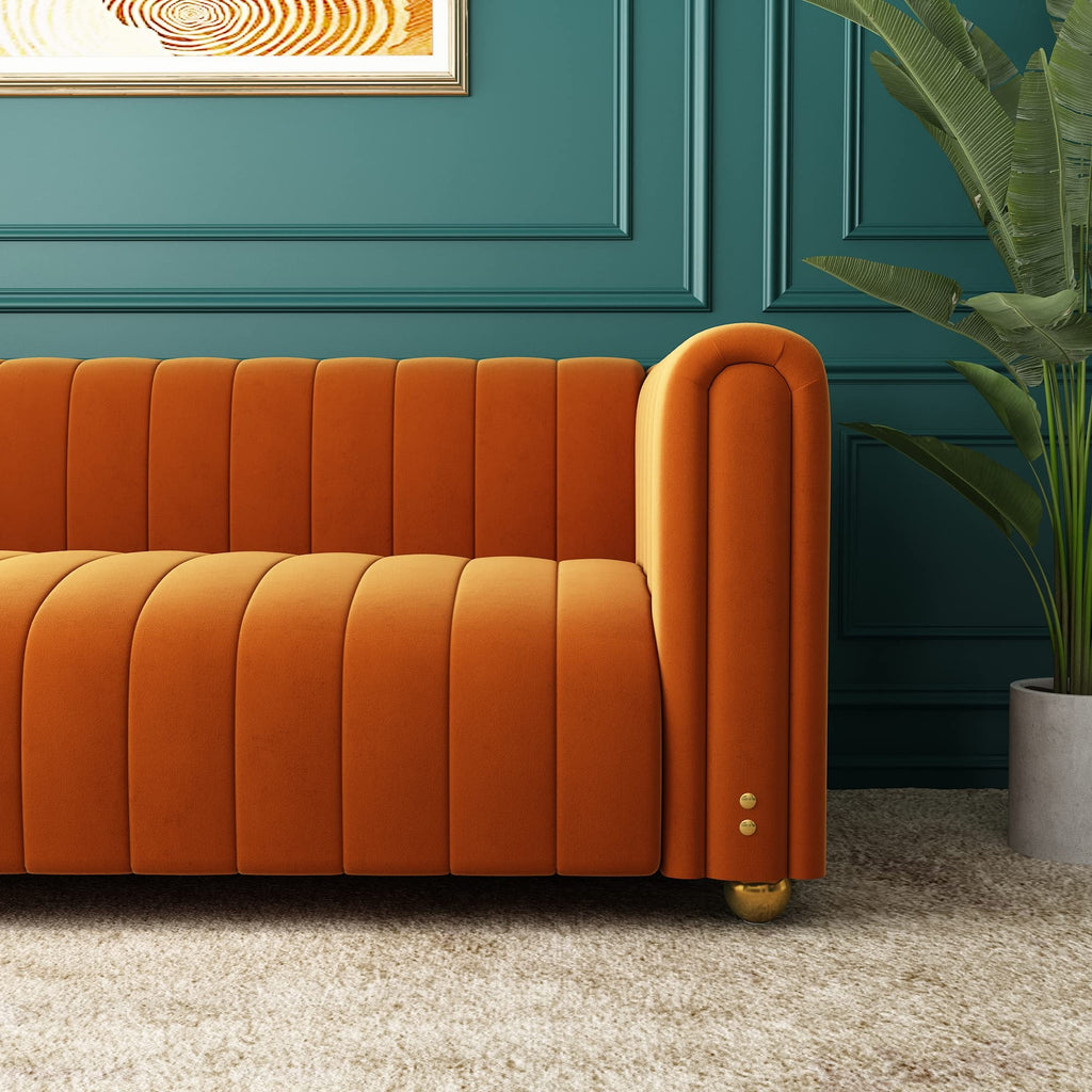 Orange Velvet Tufted 3-Seater Sofa J9404