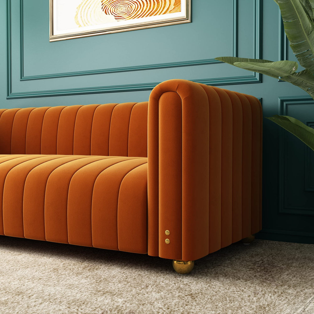 Orange Velvet Tufted 3-Seater Sofa J9404