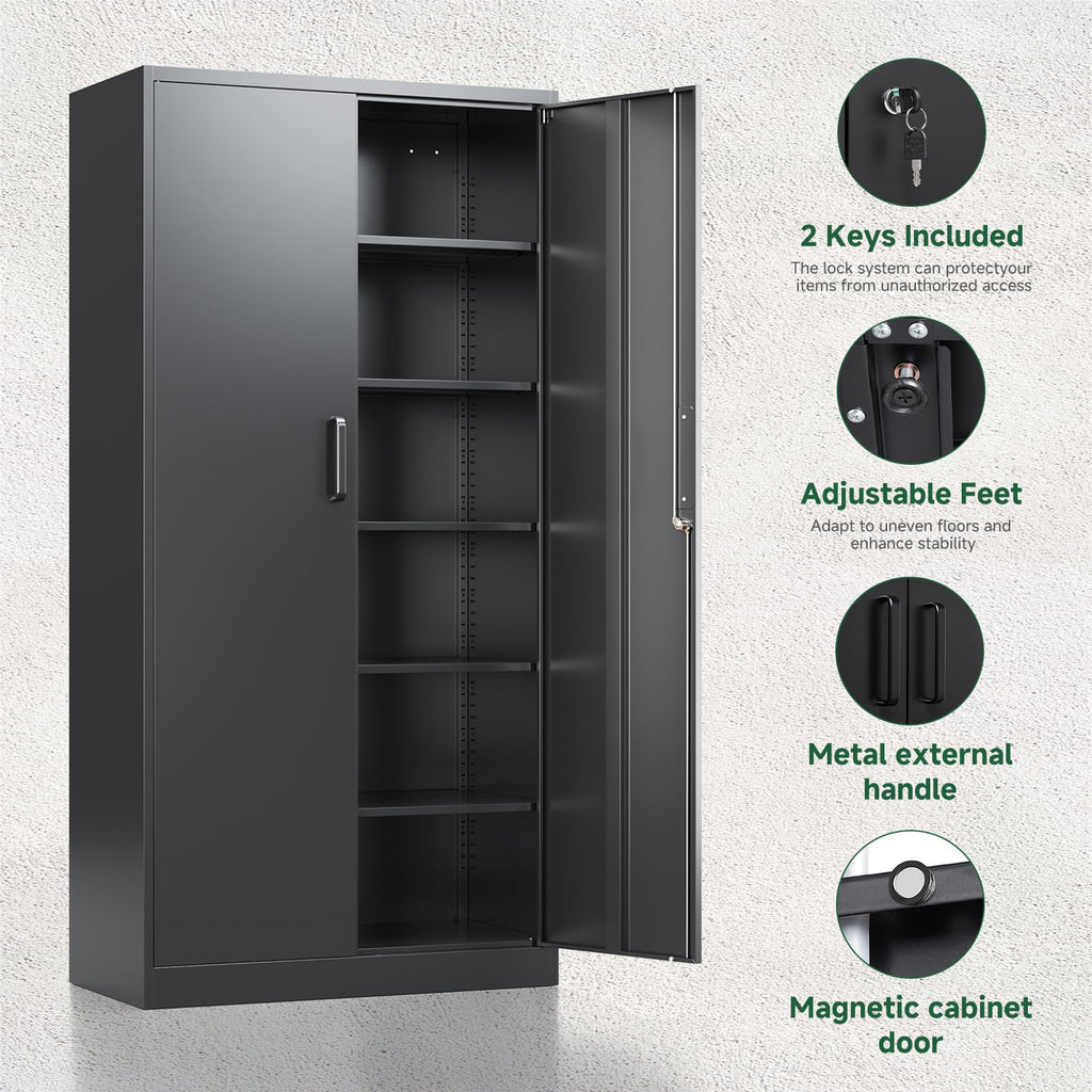 Metal Garage Storage Cabinets with Lock, 72 Tall Steel Lockers, 5 Adjustable Shelves, Black S470233