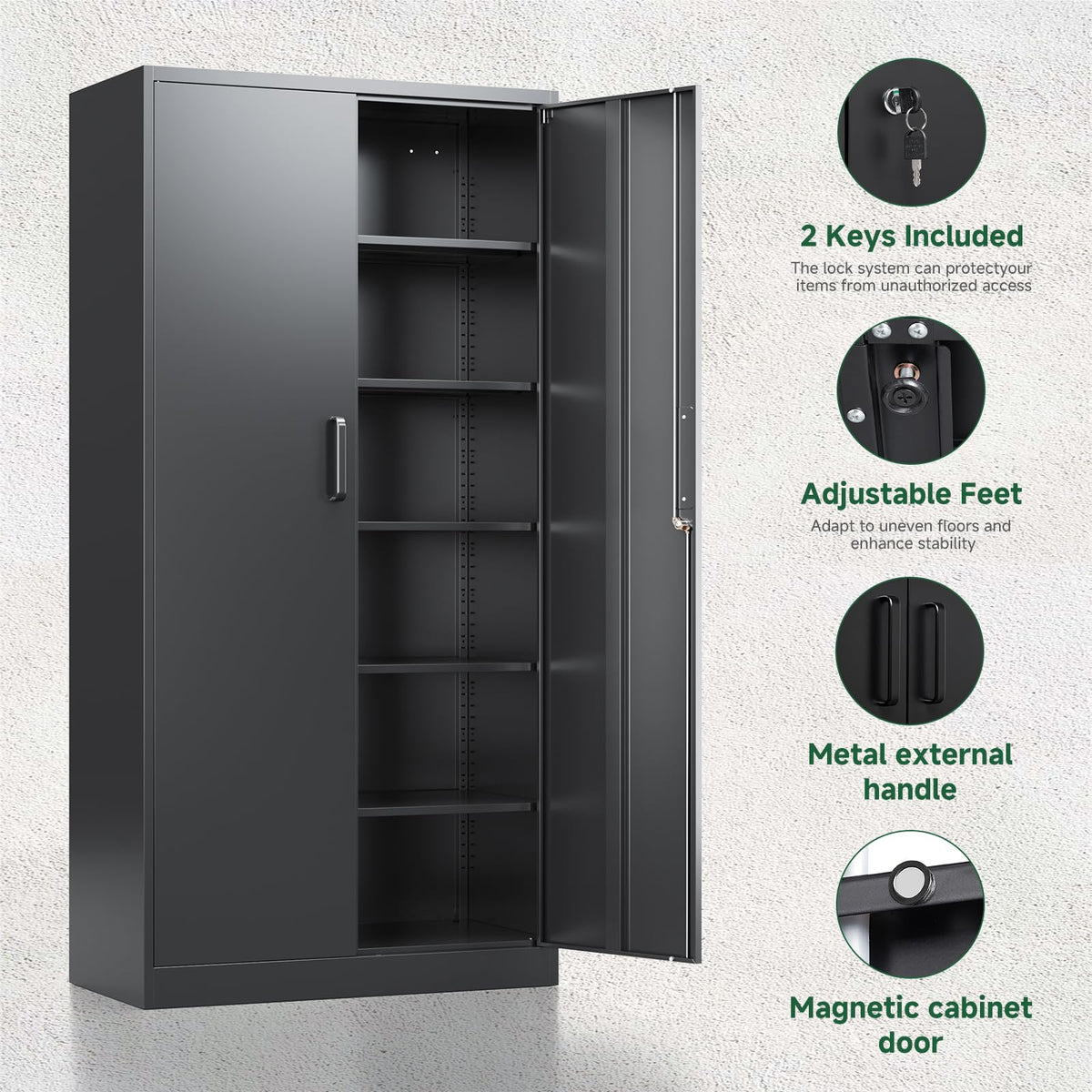 Metal Garage Storage Cabinets with Lock, 72 Tall Steel Lockers, 5 Adjustable Shelves, Black S470233