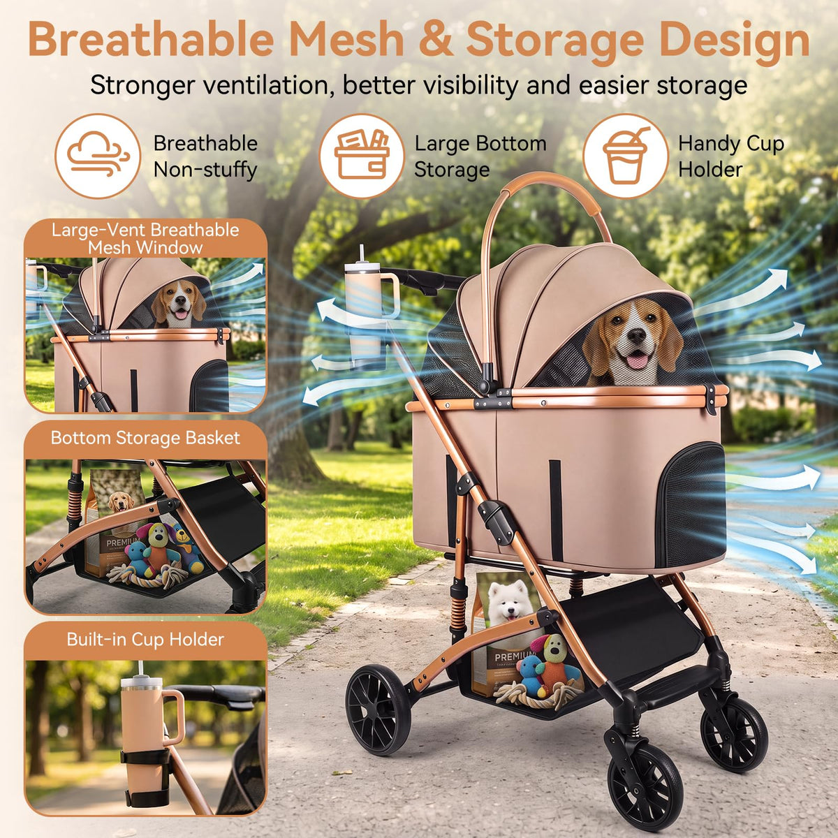 Khaki 3-in-1 Pet Stroller with Detachable Carrier X721