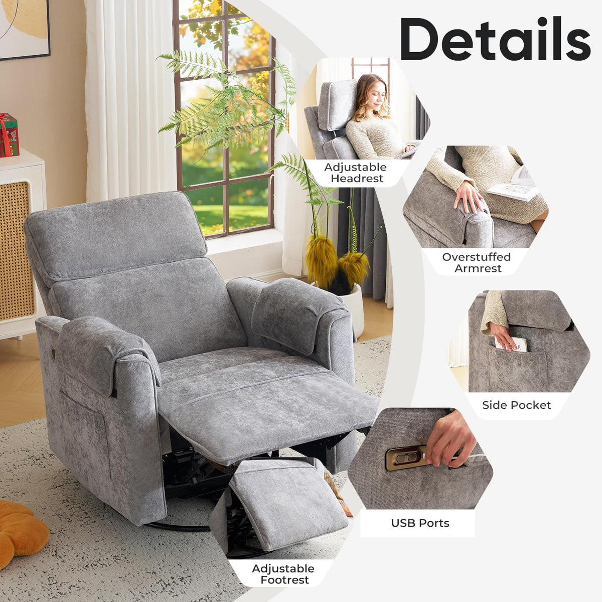 Oversized Chenille Swivel Rocker Recliner Chair with USB Ports Q62085