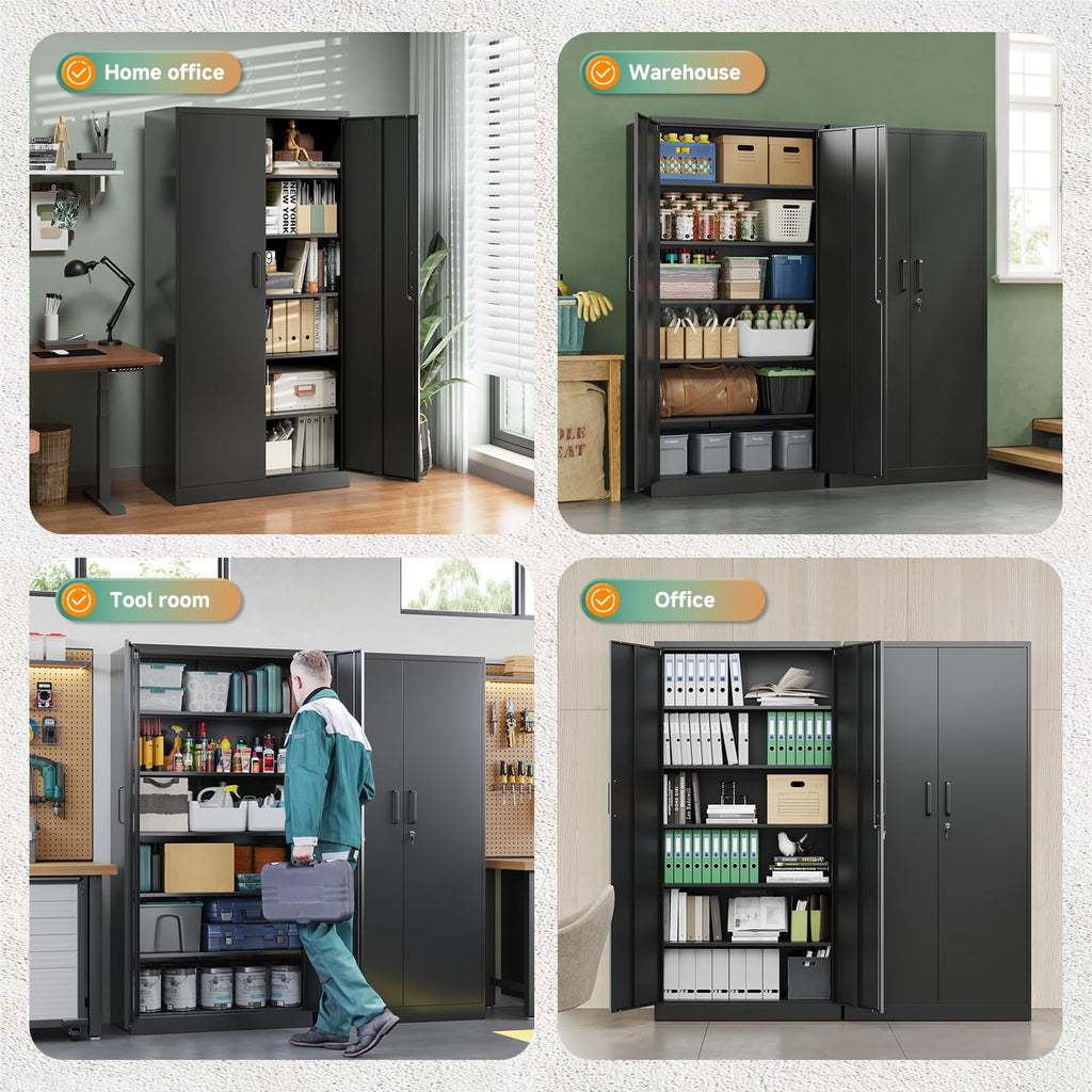 Metal Garage Storage Cabinets with Lock, 72 Tall Steel Lockers, 5 Adjustable Shelves, Black S470233