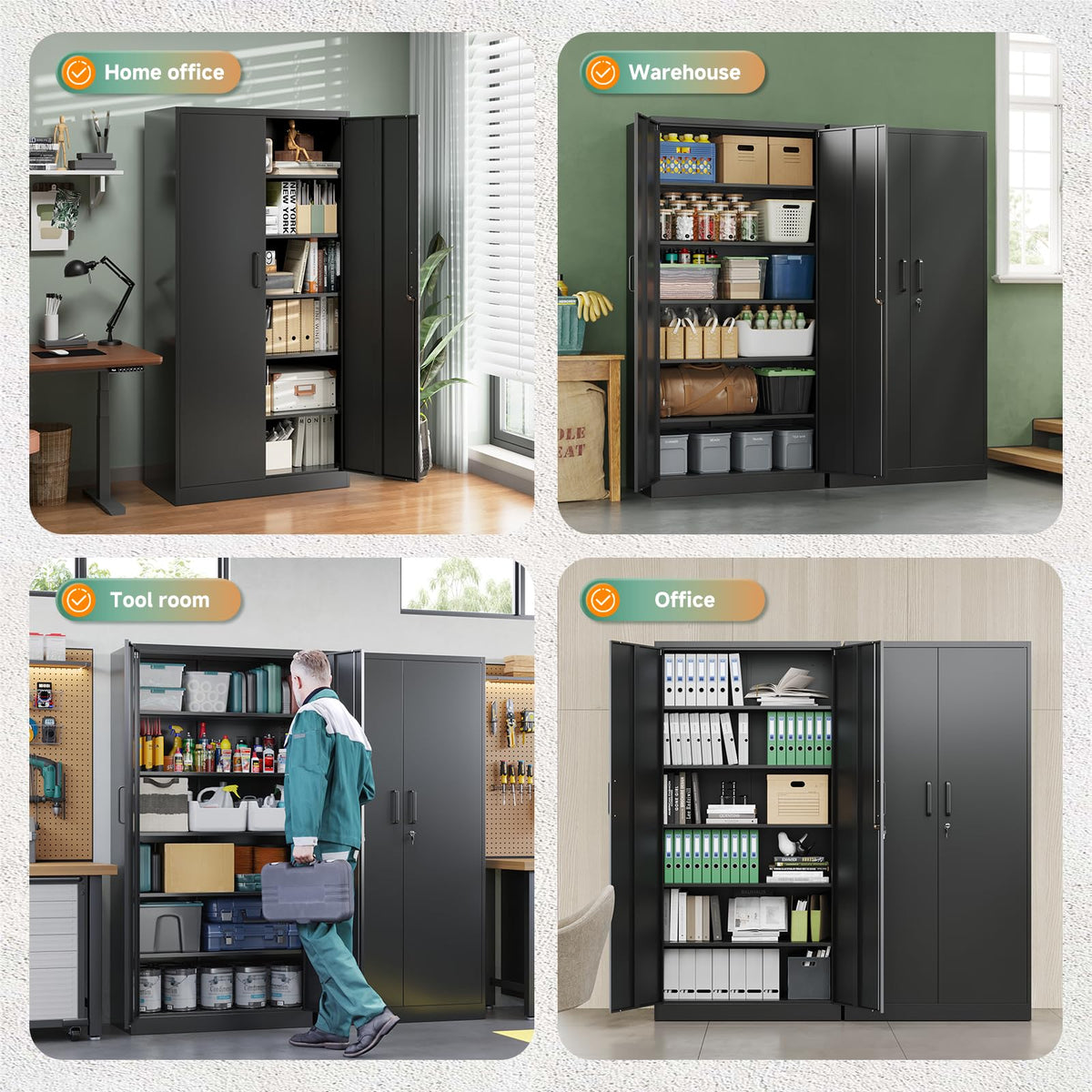 Metal Garage Storage Cabinets with Lock, 72 Tall Steel Lockers, 5 Adjustable Shelves, Black S470233
