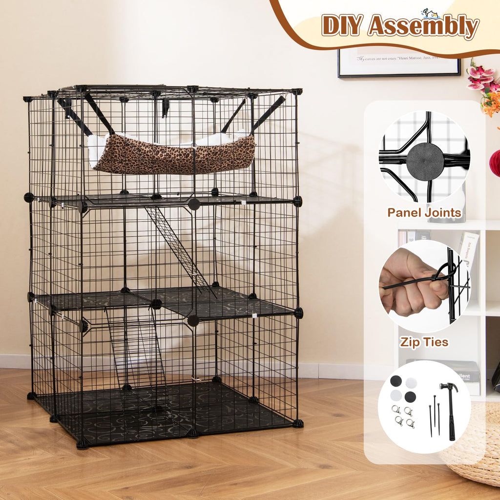 Black 4-Tier Metal Cat Cage with Hammock Q66611
