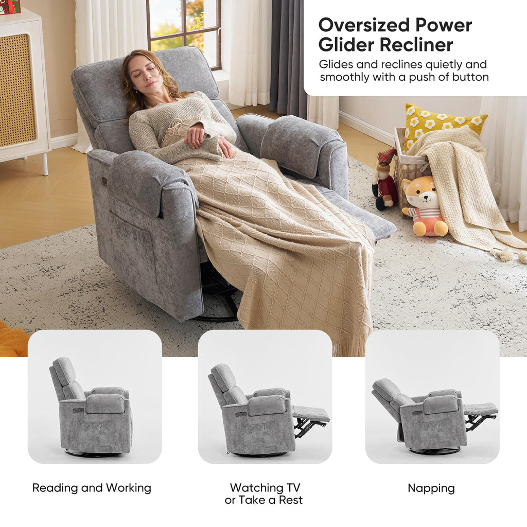 Oversized Chenille Swivel Rocker Recliner Chair with USB Ports Q62085