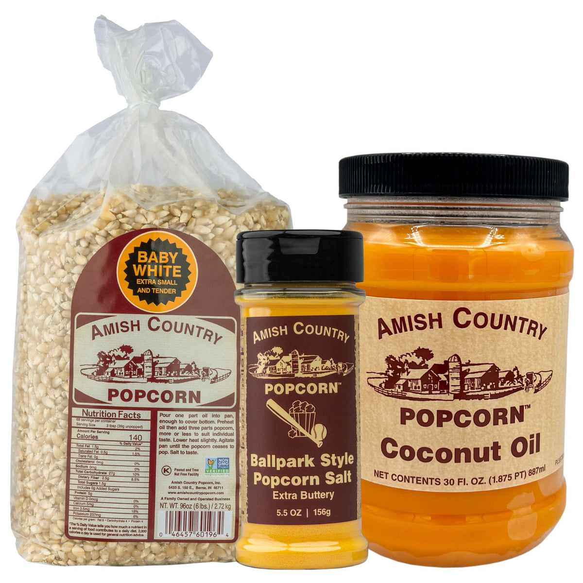 6 lb Baby White Popcorn, 30 oz Coconut Oil, 5.5 oz Butter Salt Bundle M114503