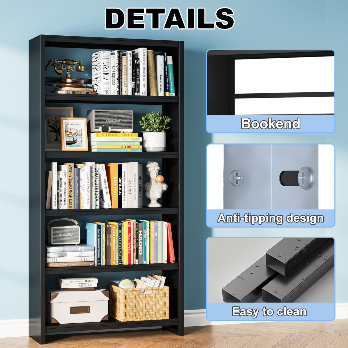 Black 69" Tall 5 Tier Metal Bookshelf V1807