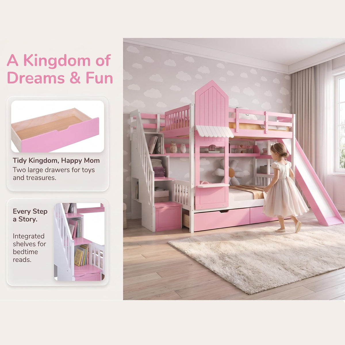 Twin Over Twin Bunk Bed with Slide, 2 Drawers & 3 Shelves E56960