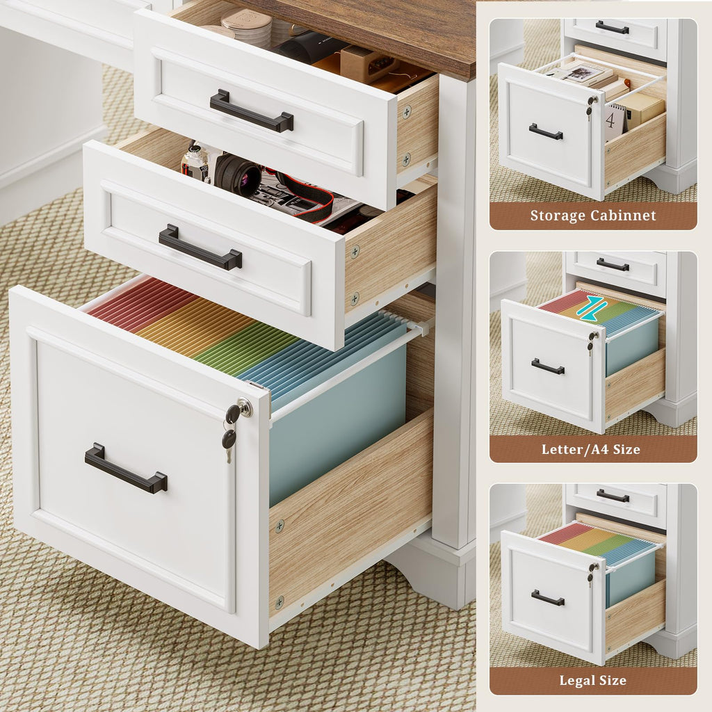 White Wood Executive Desk with Drawers and Storage Cabinet J6786