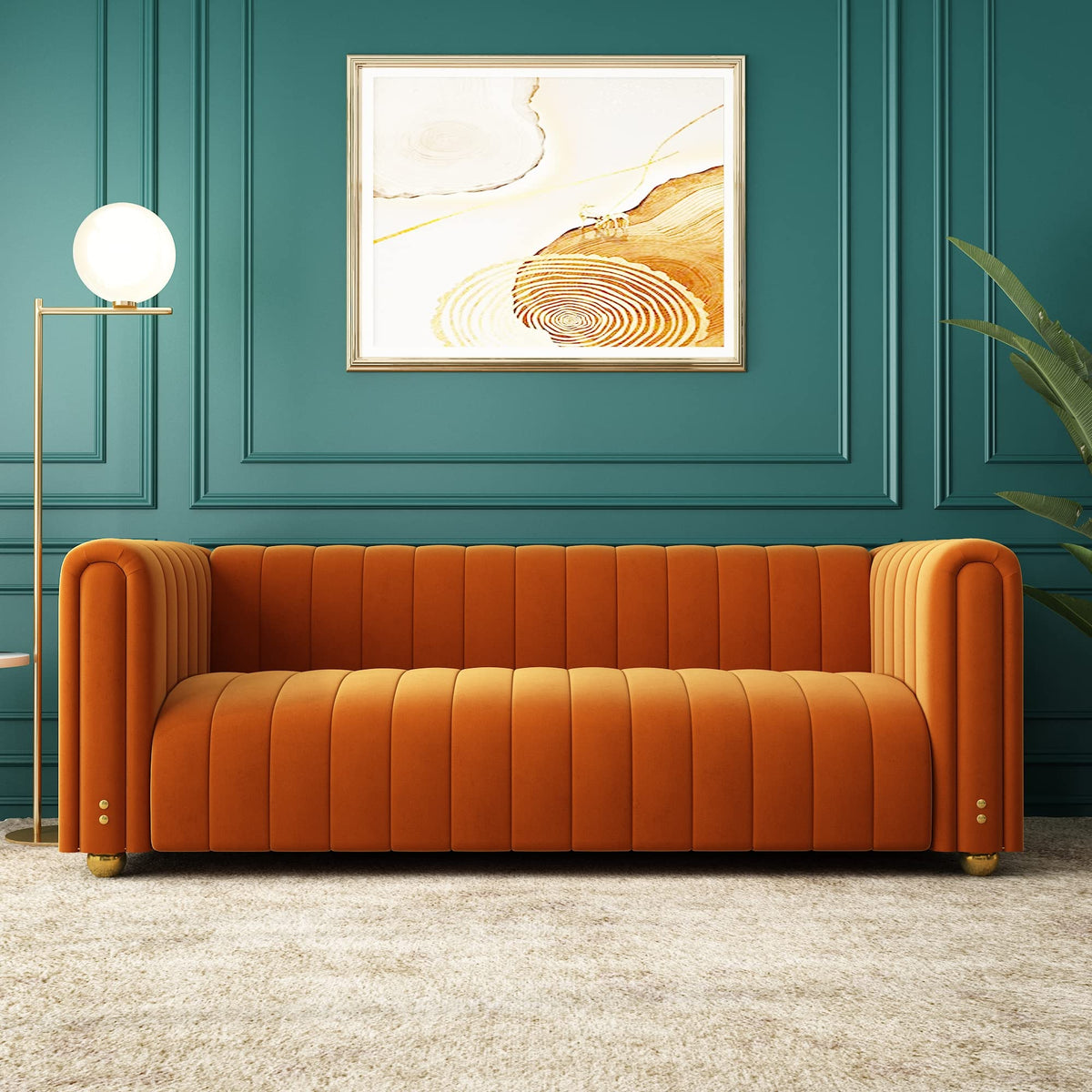 Orange Velvet Tufted 3-Seater Sofa J9404