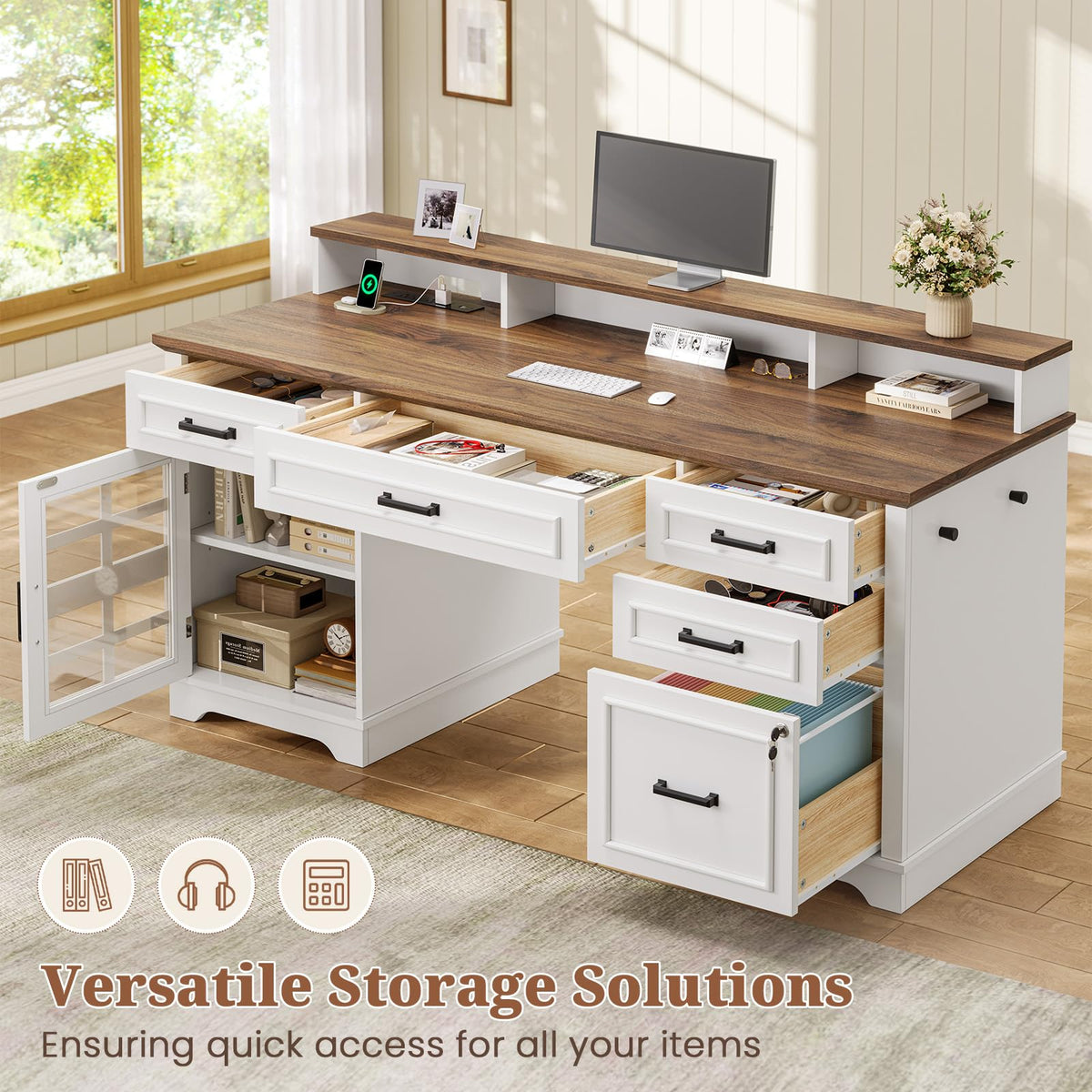 White Wood Executive Desk with Drawers and Storage Cabinet J6786