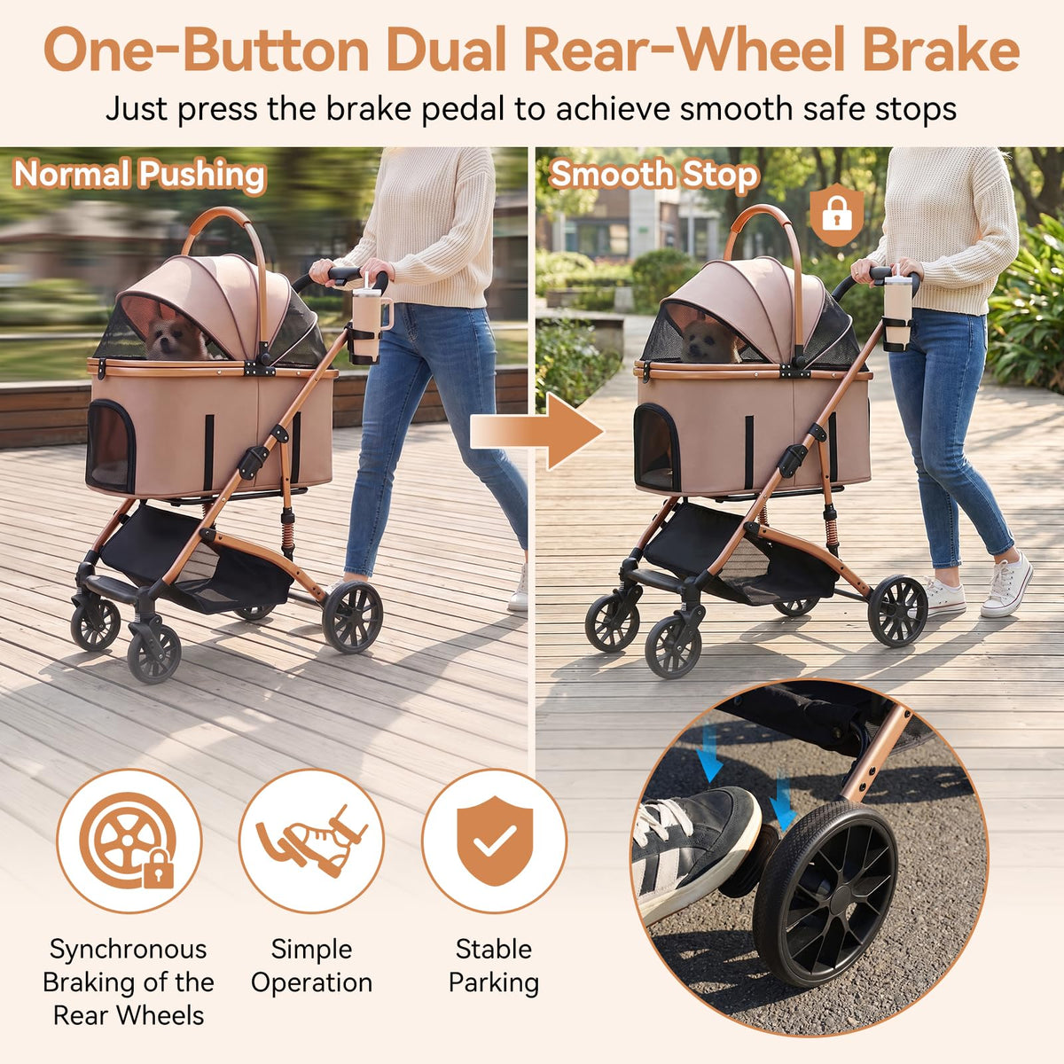 Khaki 3-in-1 Pet Stroller with Detachable Carrier X721
