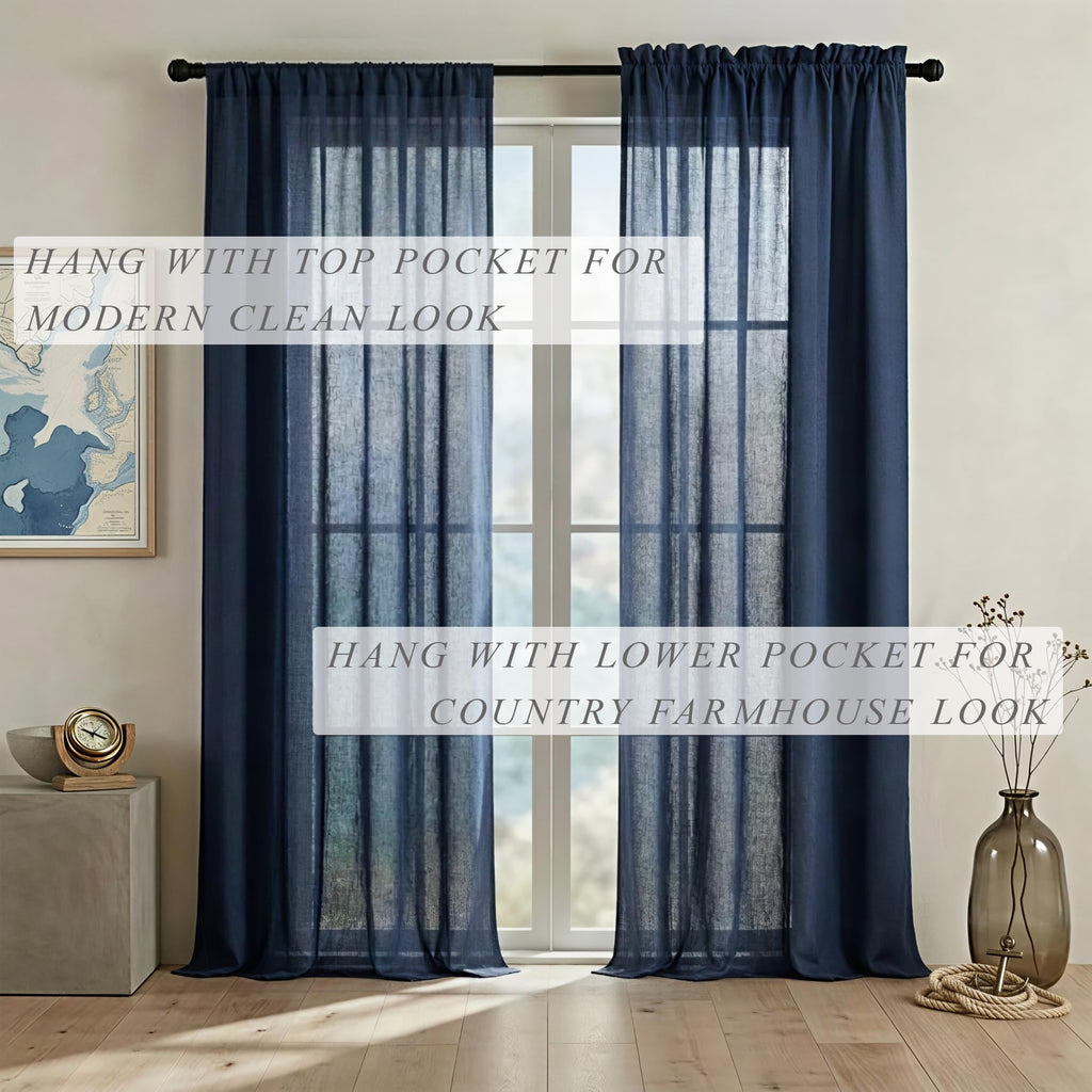 Navy Blue Linen Curtains 96 Inches Long Rod Pocket Semi Sheer Cotton Canvas F778637