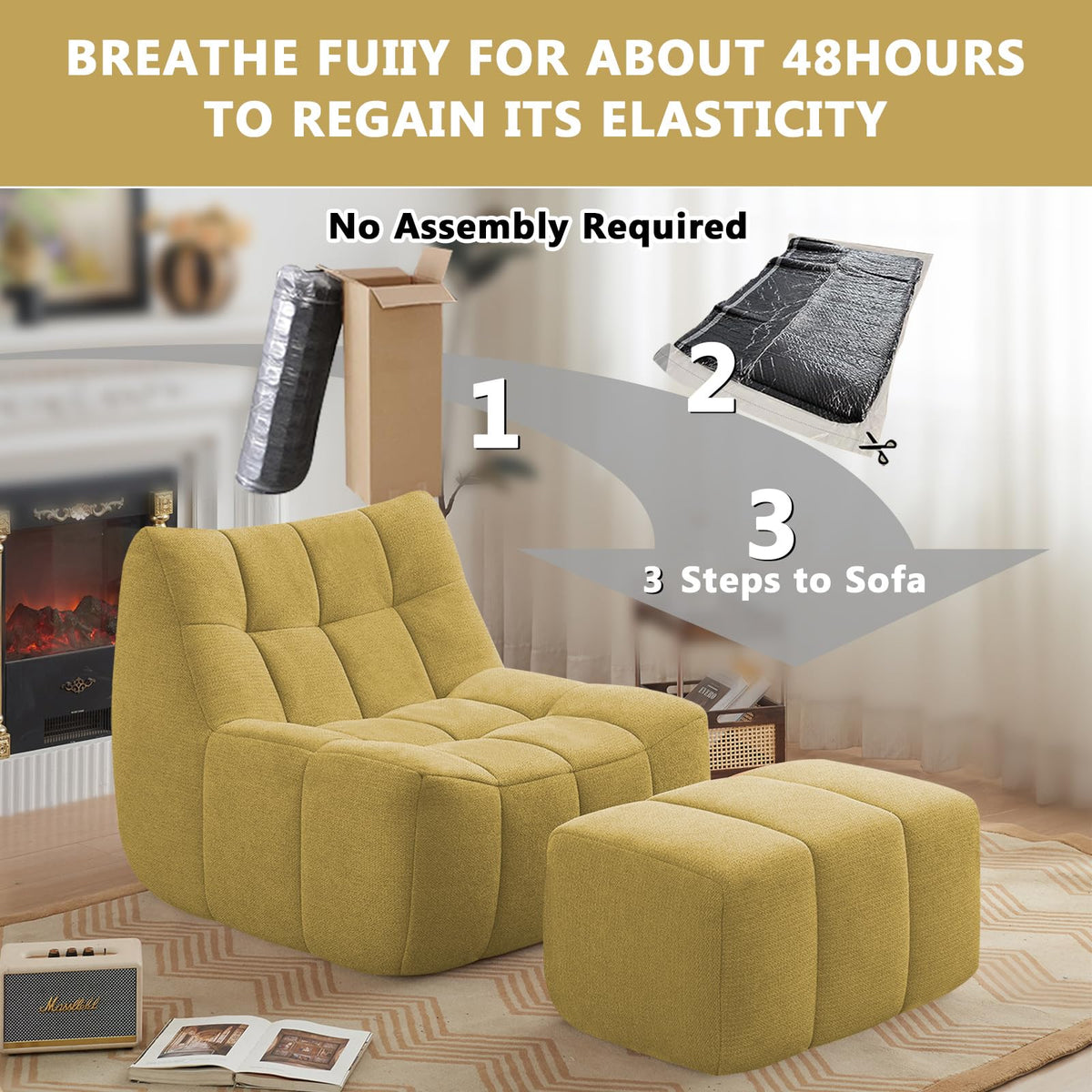 Yellow Memory Foam Bean Bag Chair with Ottoman Q42547