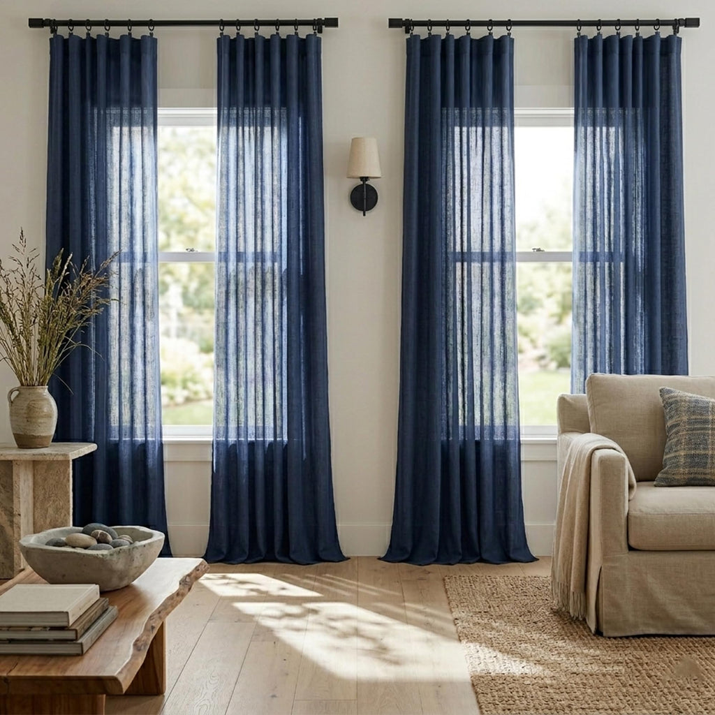 Navy Blue Linen Curtains 96 Inches Long Rod Pocket Semi Sheer Cotton Canvas F778637