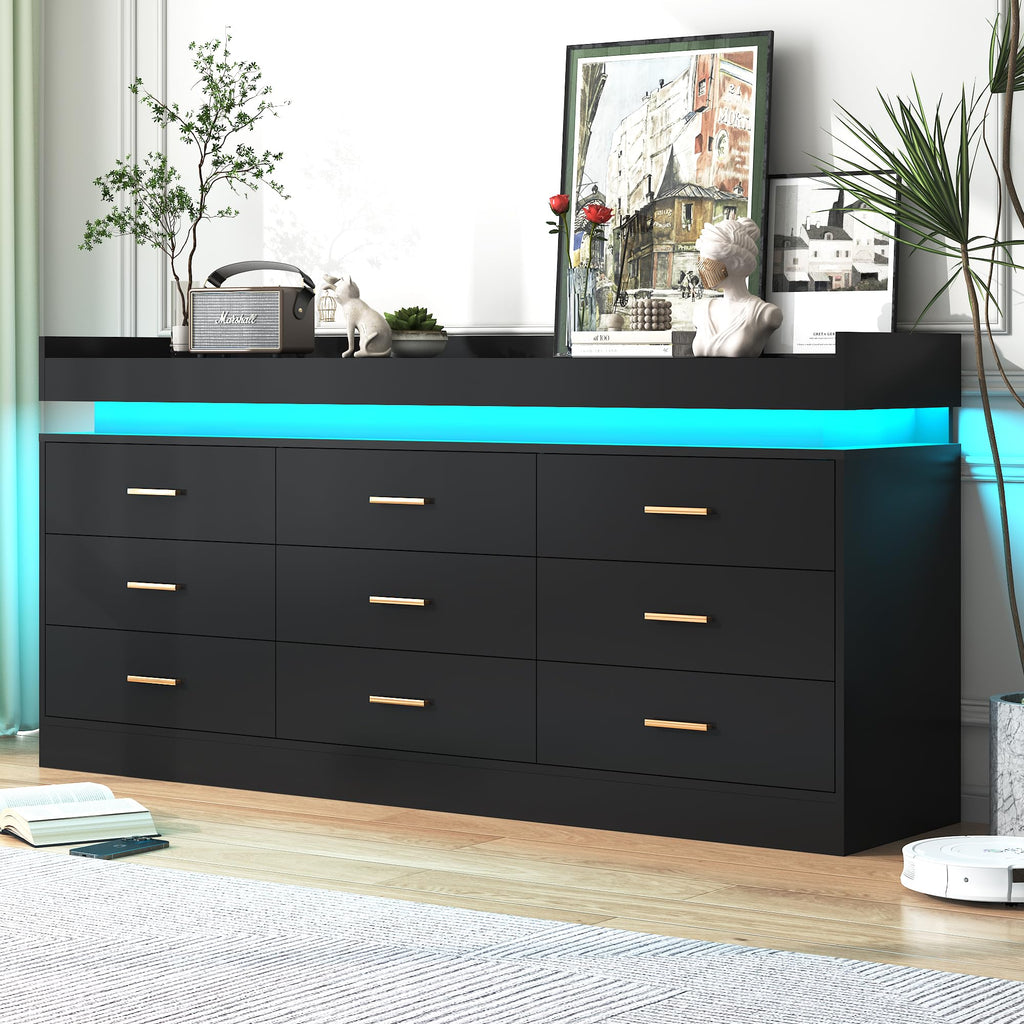 Black 9 Drawer Dresser with Charging Station and LED Lights Q99730