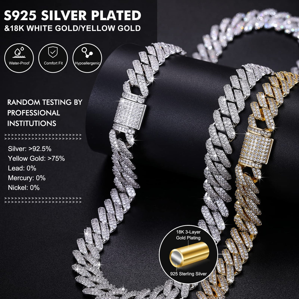 Moissanite Cuban Link Chain Necklace 18k Gold Plated 925 Sterling Silver A50621