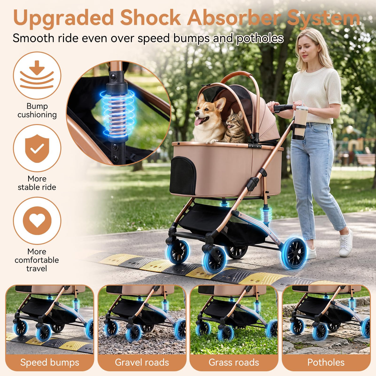 Khaki 3-in-1 Pet Stroller with Detachable Carrier X721