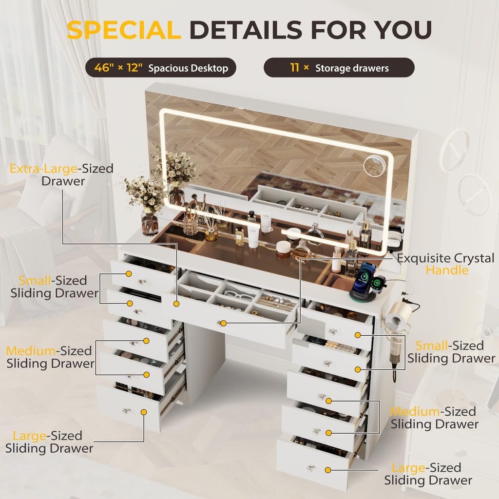46" White Makeup Vanity Desk with Mirror and Lights B73645
