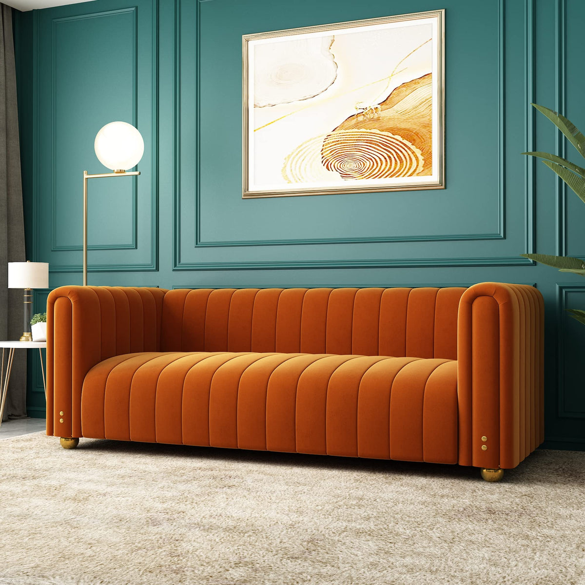 Orange Velvet Tufted 3-Seater Sofa J9404
