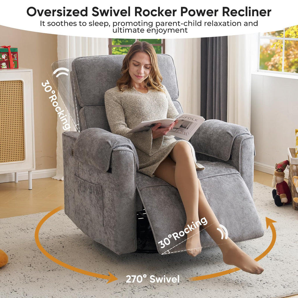 Oversized Chenille Swivel Rocker Recliner Chair with USB Ports Q62085
