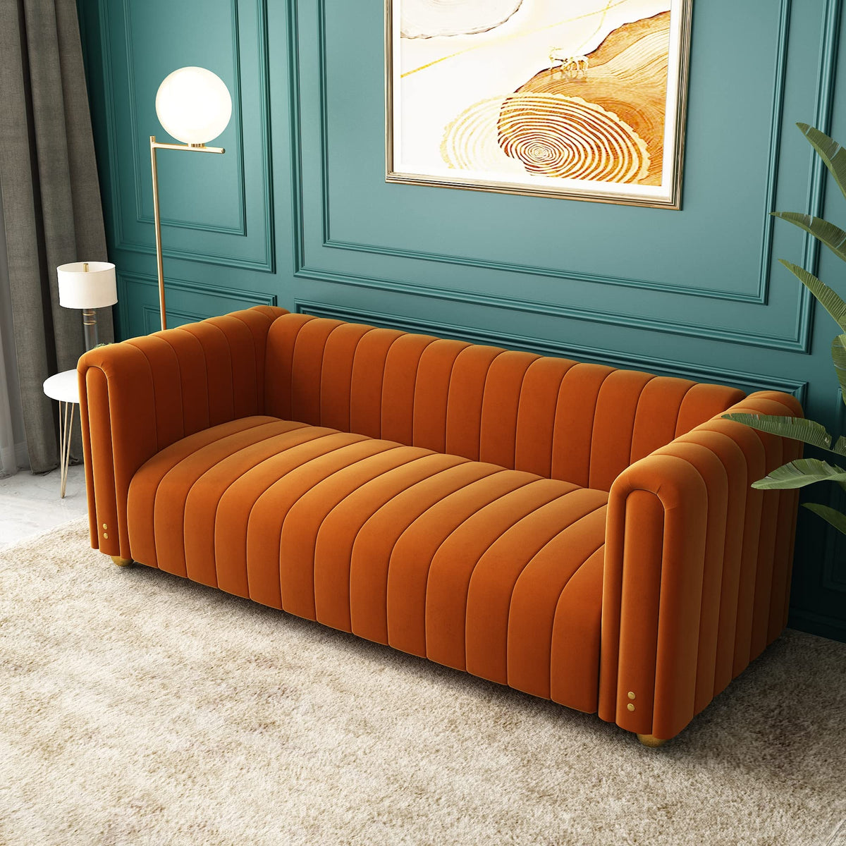 Orange Velvet Tufted 3-Seater Sofa J9404