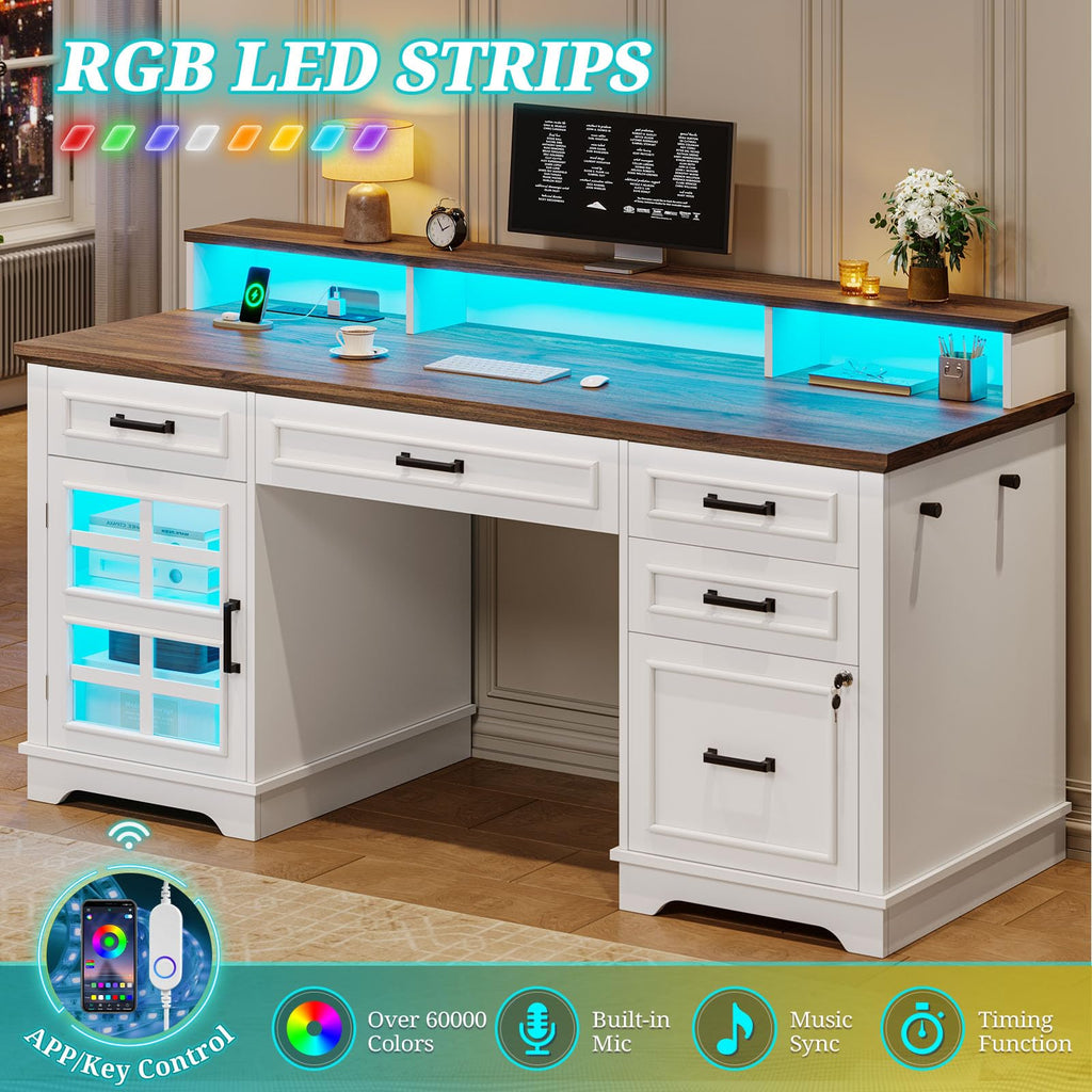 White Wood Executive Desk with Drawers and Storage Cabinet J6786