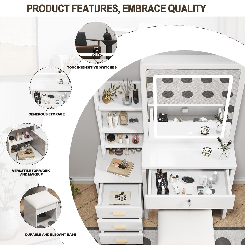 White 4 Drawer Vanity Desk Set with Mirror C44357