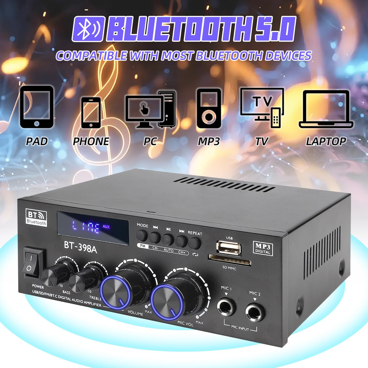 Bluetooth 5.0 Stereo Receivers, 2 Channel 450W Home Amplifier F987