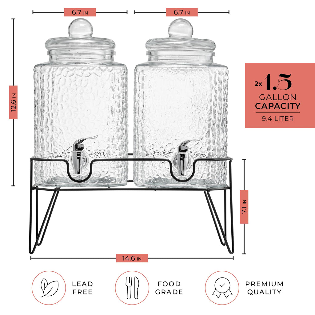 Glass Beverage Dispenser with Metal Stand Set of 2 G1547