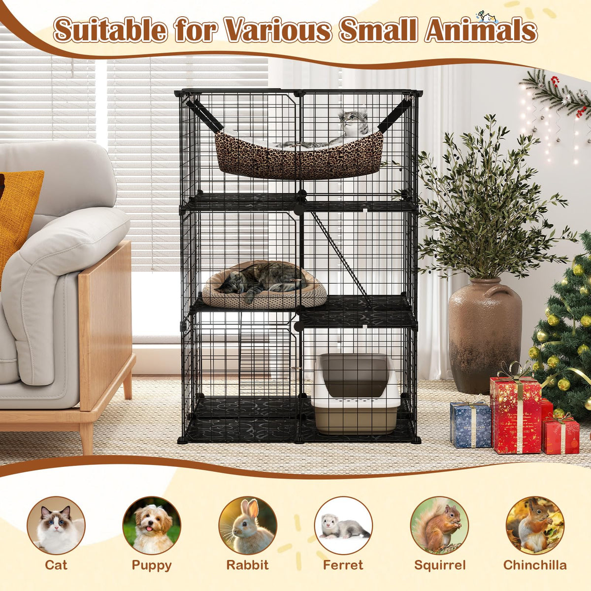 Black 4-Tier Metal Cat Cage with Hammock Q66611