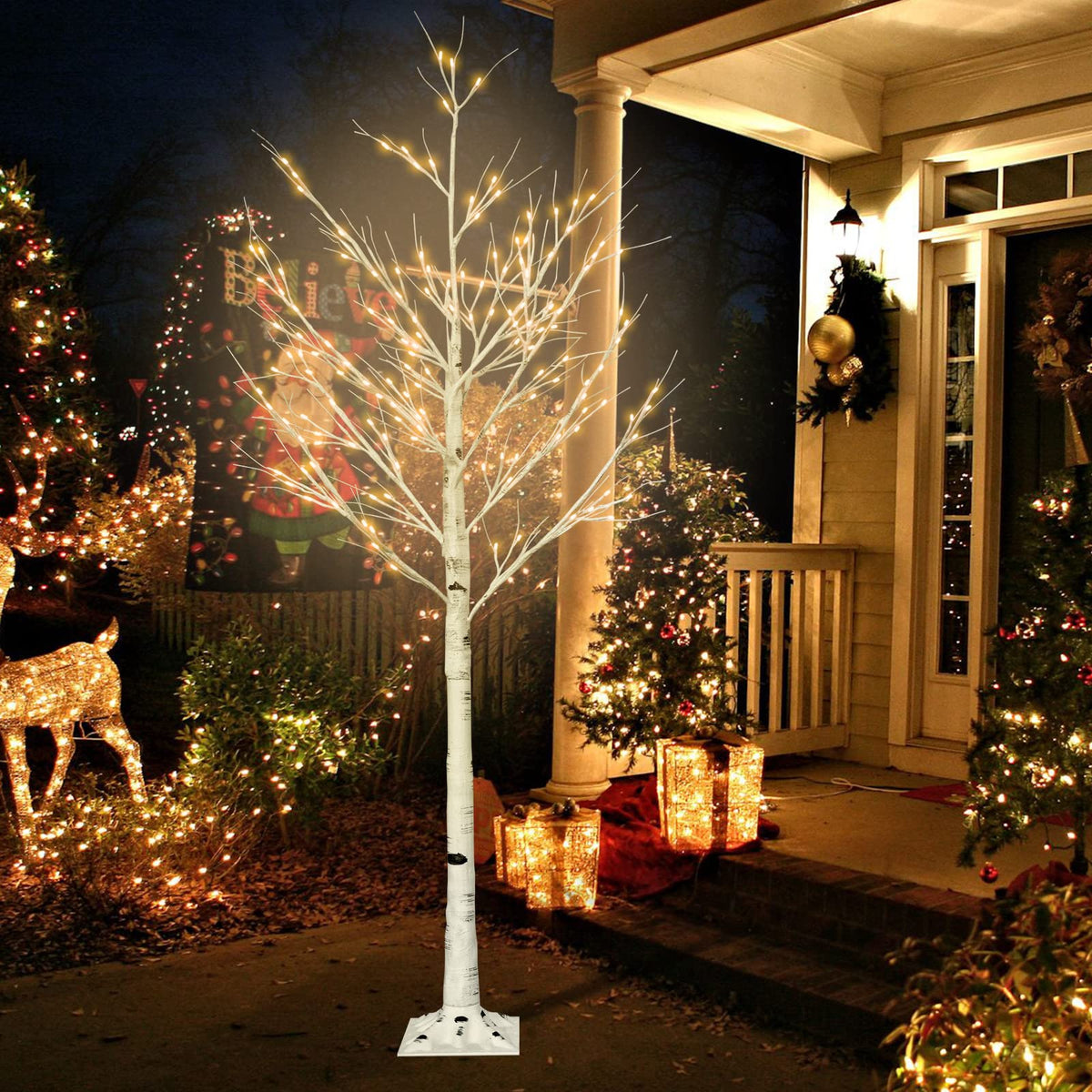 6FT Lighted Birch Tree with 160 LEDs Warm White Lights K696