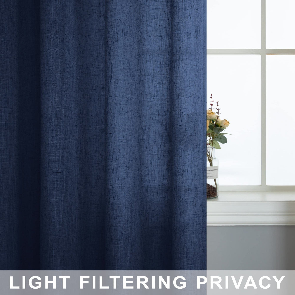 Navy Blue Linen Curtains 96 Inches Long Rod Pocket Semi Sheer Cotton Canvas F778637