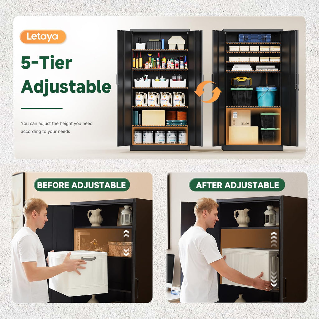Metal Garage Storage Cabinets with Lock, 72 Tall Steel Lockers, 5 Adjustable Shelves, Black S470233