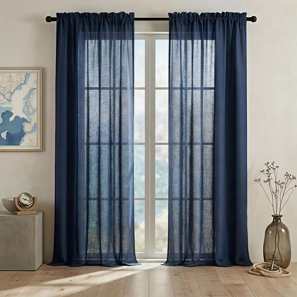 Navy Blue Linen Curtains 96 Inches Long Rod Pocket Semi Sheer Cotton Canvas F778637