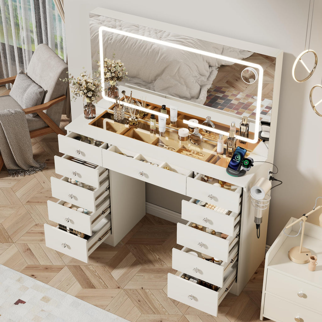 46" White Makeup Vanity Desk with Mirror and Lights B73645