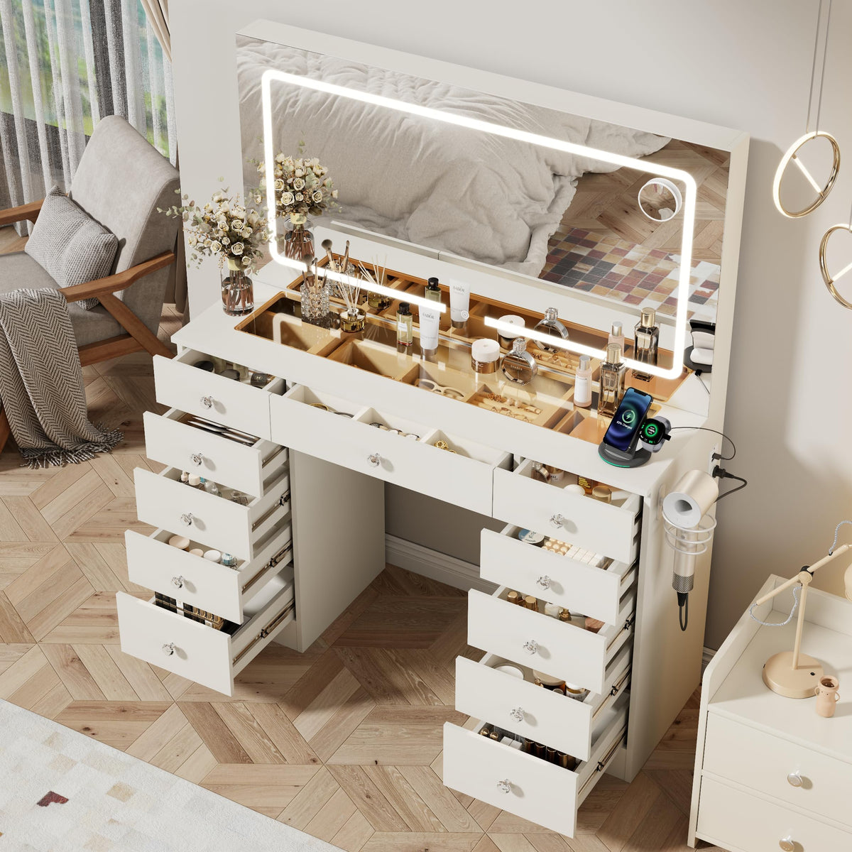 46" White Makeup Vanity Desk with Mirror and Lights B73645