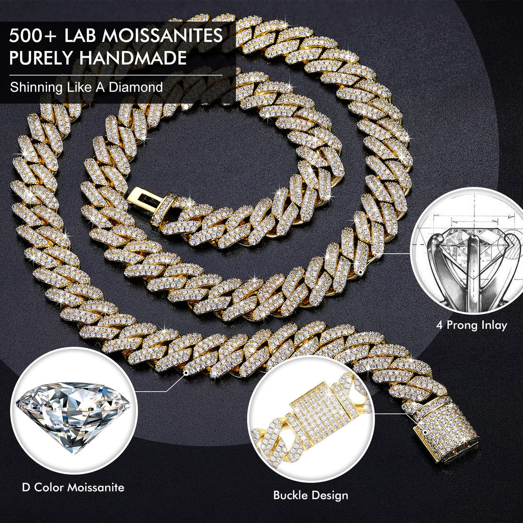 Moissanite Cuban Link Chain Necklace 18k Gold Plated 925 Sterling Silver A50621