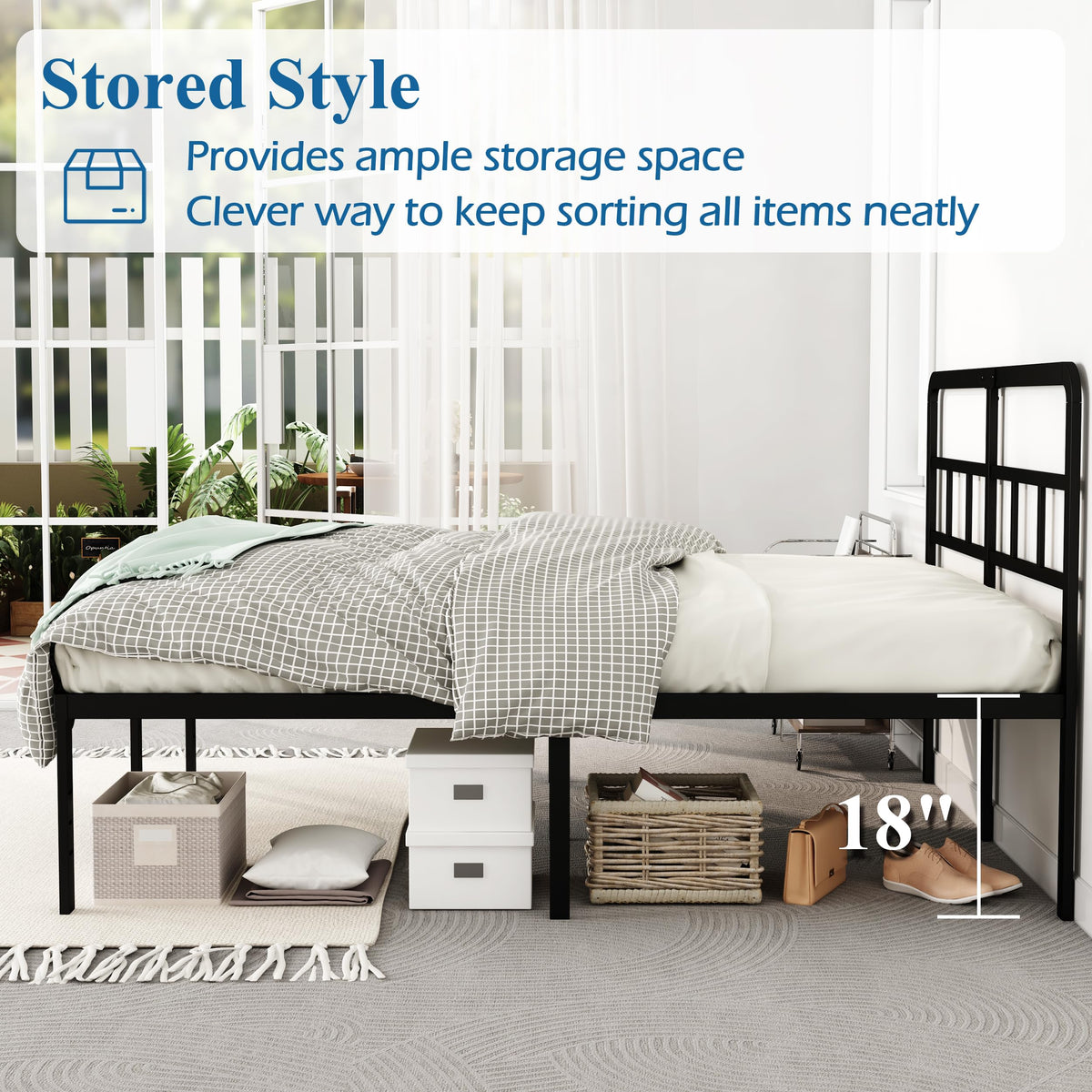 18 Inch Metal Queen Bed Frame with Headboard H124113