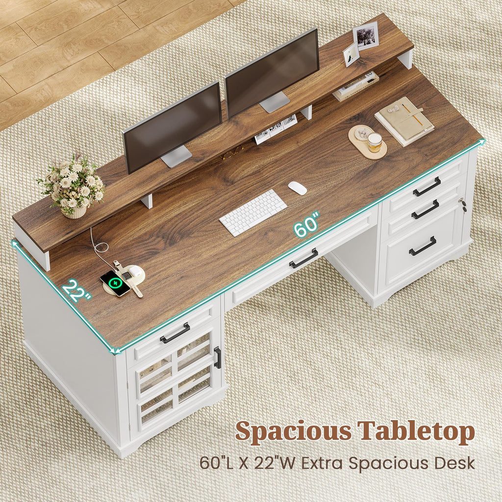 White Wood Executive Desk with Drawers and Storage Cabinet J6786