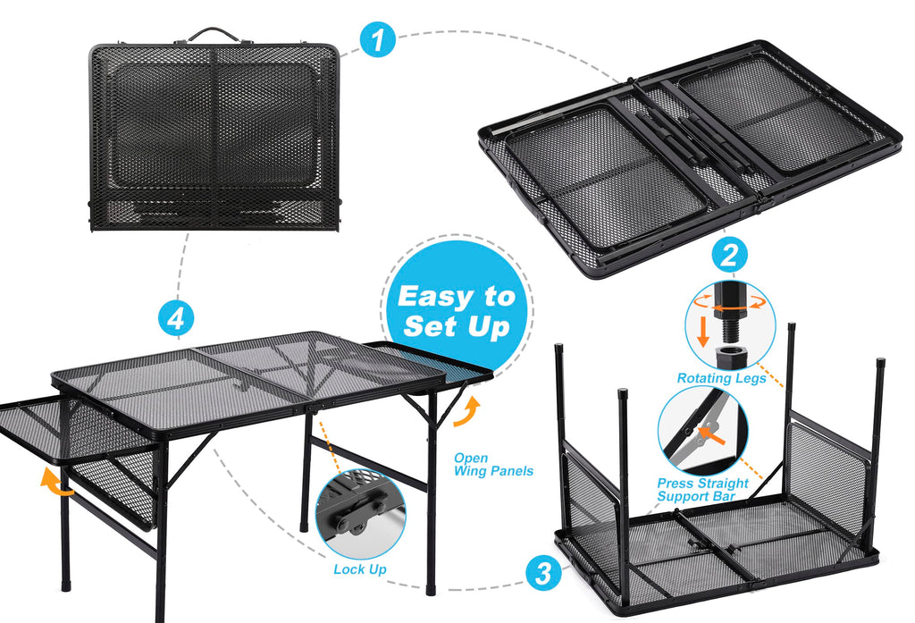 Black 4.4 FT Folding Camping Table with 2 Wing Panels D7046