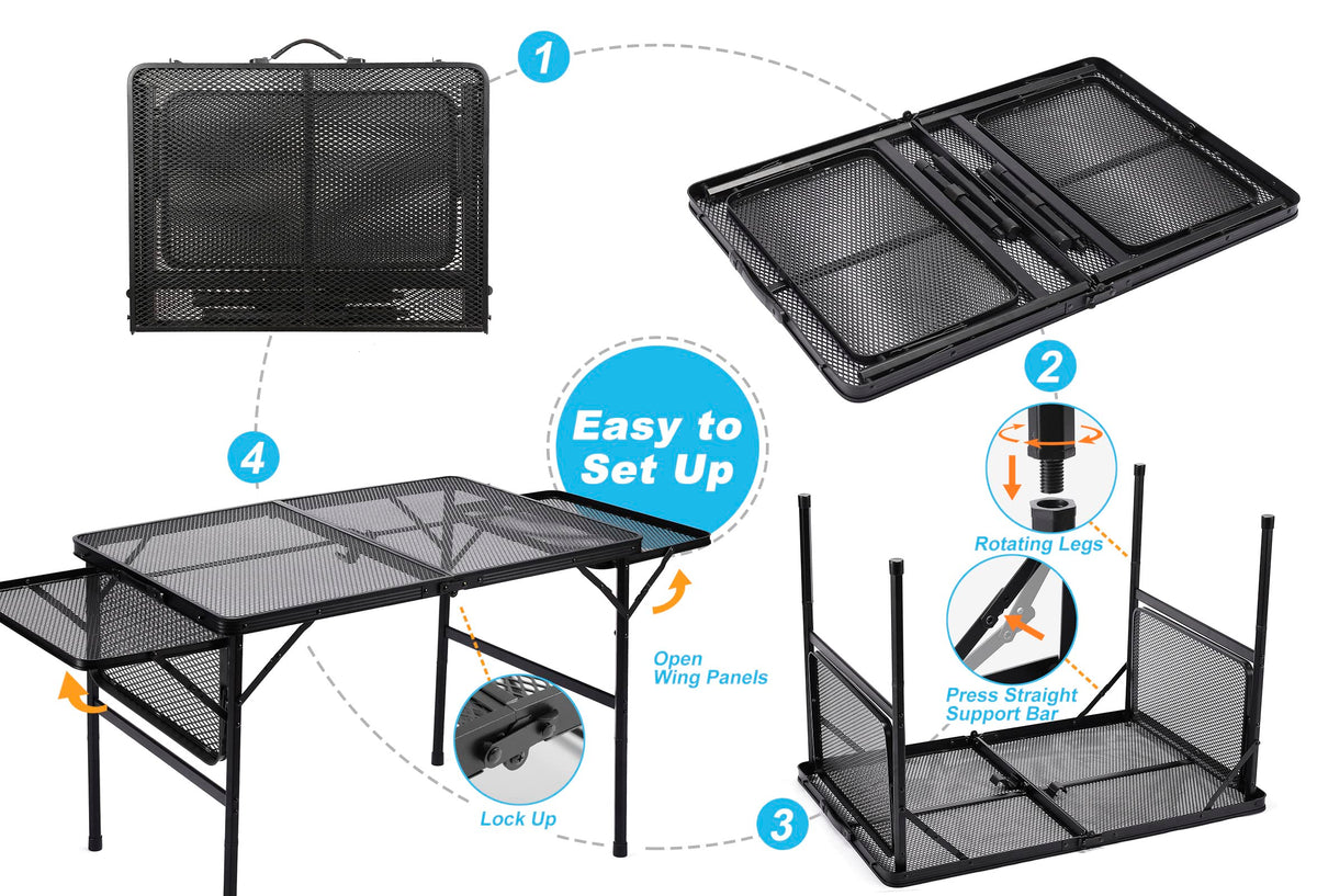 Black 4.4 FT Folding Camping Table with 2 Wing Panels D7046