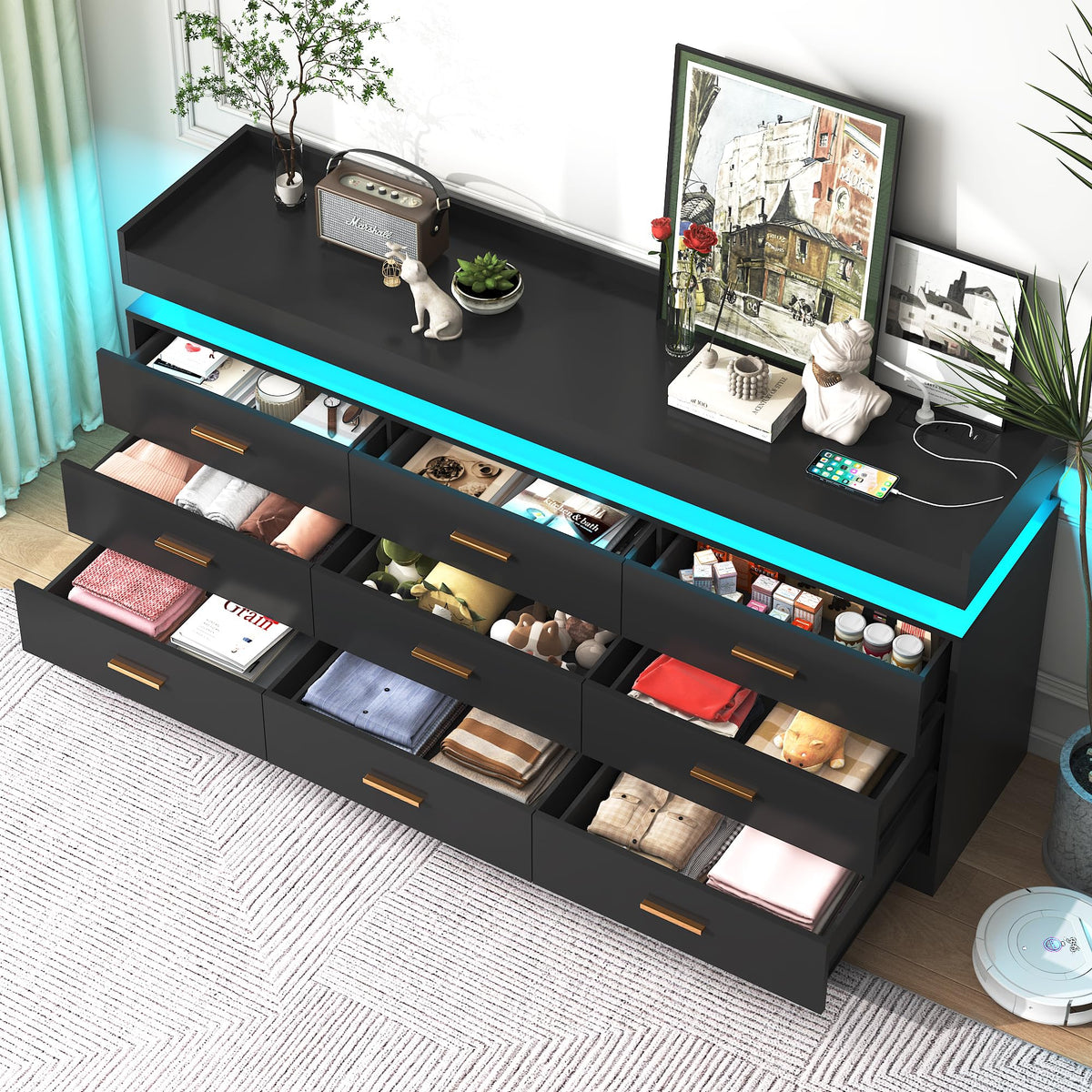 Black 9 Drawer Dresser with Charging Station and LED Lights Q99730